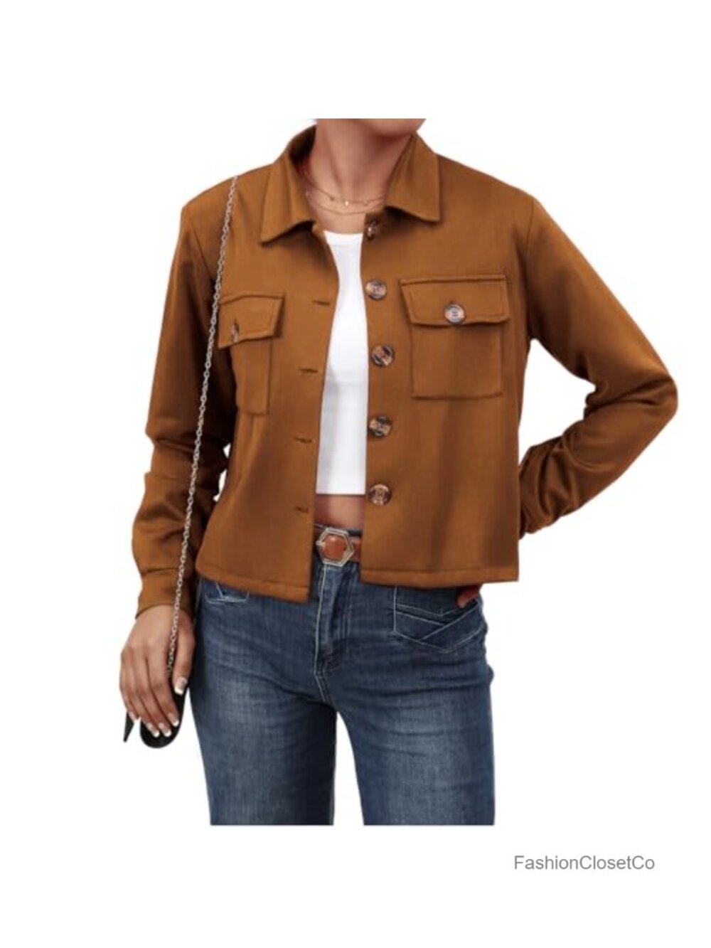 Faux Suede Cropped Jacket Button Down Shacket Long Sleeve Fall Outerwear
